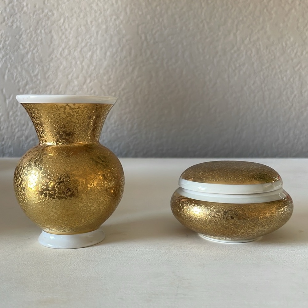 Vintage Royal Bavarian gold plated mini vase and matching dish with lid set